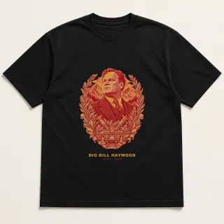 Front of a black tee with a two-color engraved design for Big Bill Haywood