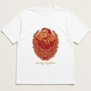 Front of a white tee with a two-color engraved design for Big Bill Haywood