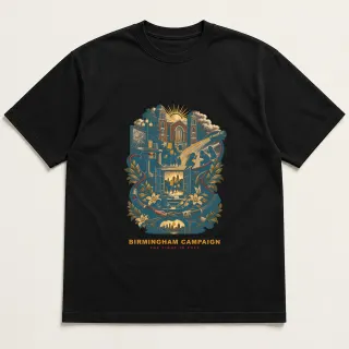 Front of a black tee with a two-color engraved design for Birmingham Campaign