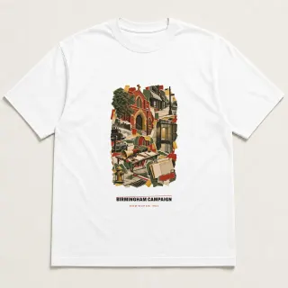 Front of a white tee carrying the scrapbook Birmingham Campaign design