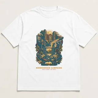 Front of a white tee with a two-color engraved design for Birmingham Campaign