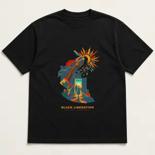 Front of a black tee with a three-color mixed-media design for Black Liberation