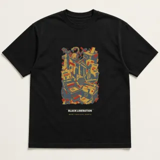 Front of a black tee carrying the mixed media Black Liberation design