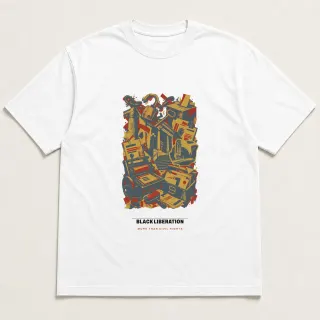 Front of a white tee carrying the mixed media Black Liberation design