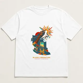 Front of a white tee with a three-color mixed-media design for Black Liberation