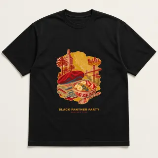 Front of a black tee with a three-color mixed-media design for Black Panther Party