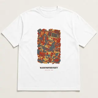 Front of a white tee carrying the archive collage Black Panther Party design