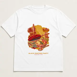 Front of a white tee with a three-color mixed-media design for Black Panther Party