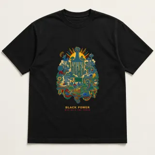 Front of a black tee with a four-color pixel-art design for Black Power