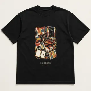 Front of a black tee carrying the mixed media Black Power design