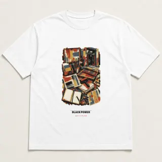 Front of a white tee carrying the mixed media Black Power design