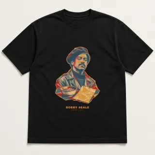 Front of a black tee with a three-color mixed-media design for Bobby Seale