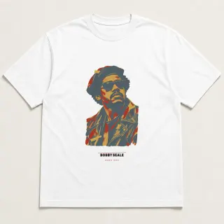 Front of a white tee carrying the archive collage Bobby Seale design