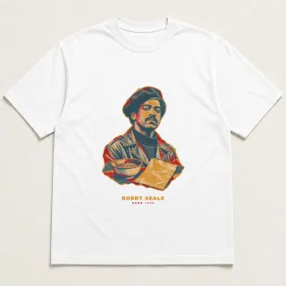 Front of a white tee with a three-color mixed-media design for Bobby Seale