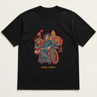 Front of a black tee with a four-color pixel-art design for Brad Lomax