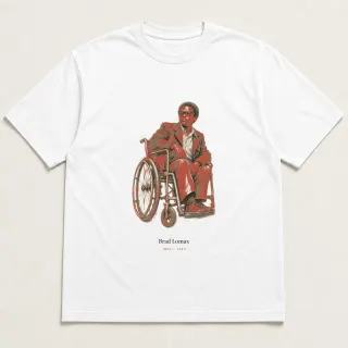 Front of a white tee carrying the unfinished hand Brad Lomax design
