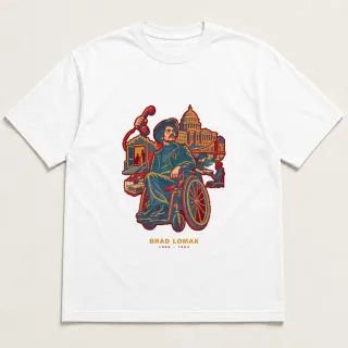 Front of a white tee with a four-color pixel-art design for Brad Lomax