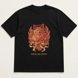 Front of a black tee with a two-color engraved design for Bread and Roses