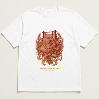 Front of a white tee with a two-color engraved design for Bread and Roses