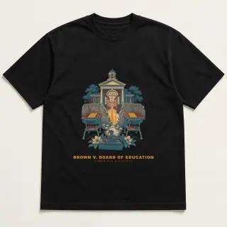 Front of a black tee with a two-color engraved design for Brown v. Board of Education