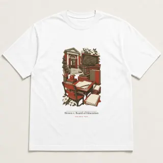 Front of a white tee carrying the light academia Brown v. Board of Education design