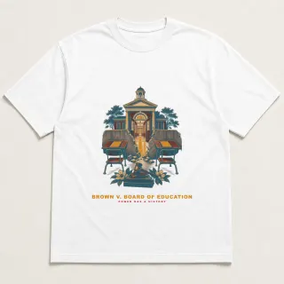 Front of a white tee with a two-color engraved design for Brown v. Board of Education