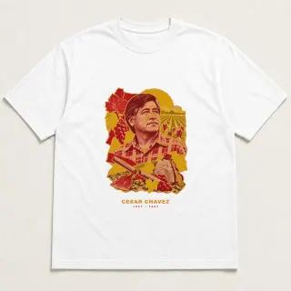 Front of a white tee with a three-color mixed-media design for Cesar Chavez