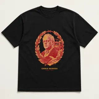 Front of a black tee with a two-color engraved design for Chris Hedges