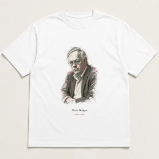 Front of a white tee carrying the conceptual sketch Chris Hedges design