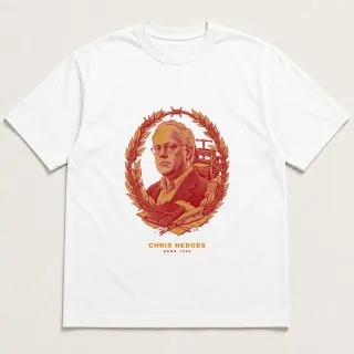Front of a white tee with a two-color engraved design for Chris Hedges
