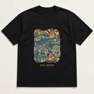 Front of a black tee with a three-color mixed-media design for Civil Rights