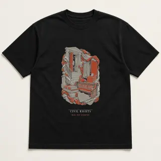Front of a black tee carrying the neoclassical Civil Rights design