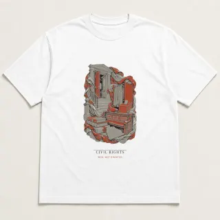 Front of a white tee carrying the neoclassical Civil Rights design