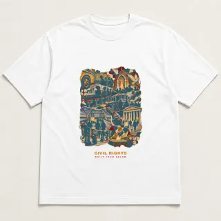 Front of a white tee with a three-color mixed-media design for Civil Rights