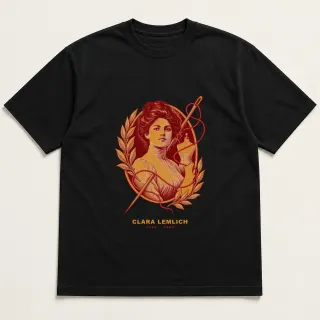 Front of a black tee with a two-color engraved design for Clara Lemlich