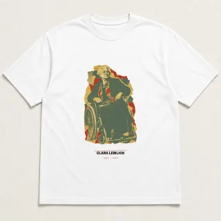 Front of a white tee carrying the scrapbook Clara Lemlich design