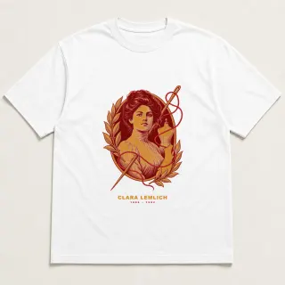 Front of a white tee with a two-color engraved design for Clara Lemlich