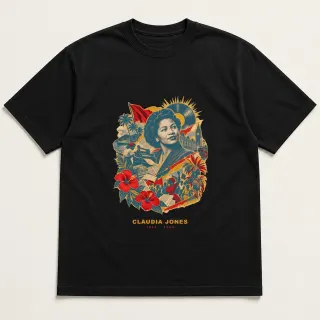Front of a black tee with a three-color mixed-media design for Claudia Jones