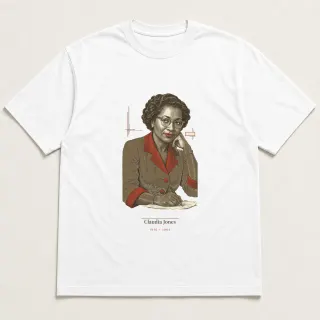 Front of a white tee carrying the light academia Claudia Jones design