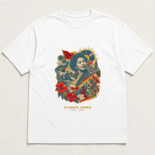 Front of a white tee with a three-color mixed-media design for Claudia Jones