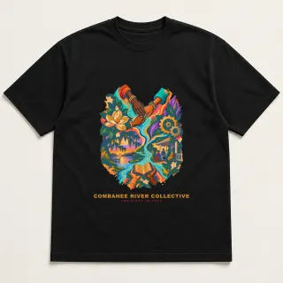 Front of a black tee with a four-color pixel-art design for Combahee River Collective