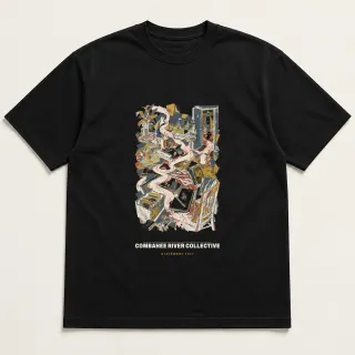 Front of a black tee carrying the mixed media Combahee River Collective design