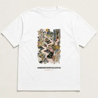 Front of a white tee carrying the mixed media Combahee River Collective design