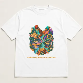 Front of a white tee with a four-color pixel-art design for Combahee River Collective