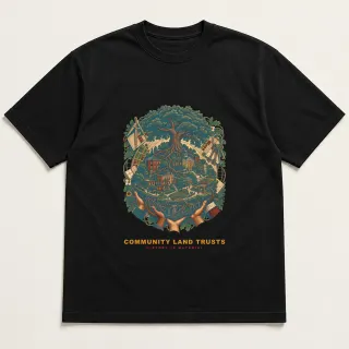 Front of a black tee with a two-color engraved design for Community Land Trusts