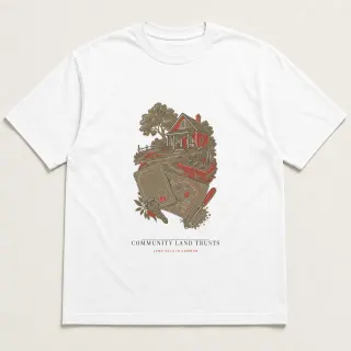 Front of a white tee carrying the wabi sabi Community Land Trusts design