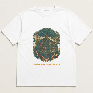 Front of a white tee with a two-color engraved design for Community Land Trusts