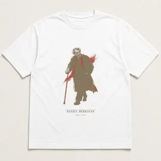 Front of a white tee carrying the wabi sabi Daniel Berrigan design