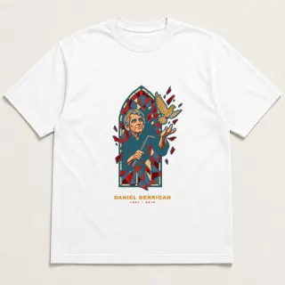 Front of a white tee with a four-color pixel-art design for Daniel Berrigan