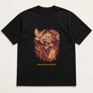 Front of a black tee with a two-color engraved design for David Dellinger